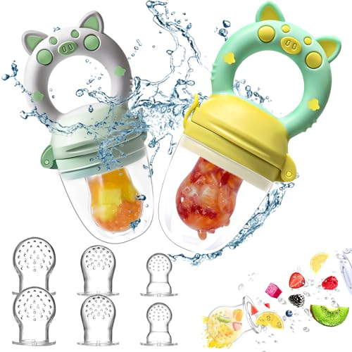 Fruchtsauger Baby, 2 Stück Obstschnuller für Babys ab 3 Monate, 2024 Upgrade Version, Schnuller Zum Befüllen, Breisauger, Obst Schnuller Baby, BPA frei, 8 Silikon Sauger in 3 Größen