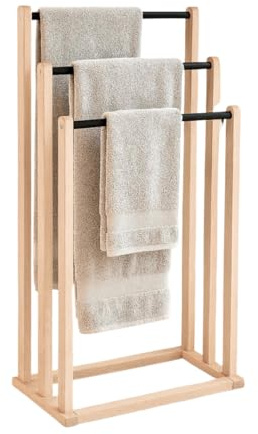 Porta Asciugamani da Terra in Legno Faggio, 45x25.5x83hcm, Portasciugamani da Pavimento Autoportante, Tripla Barra, Made in Italy