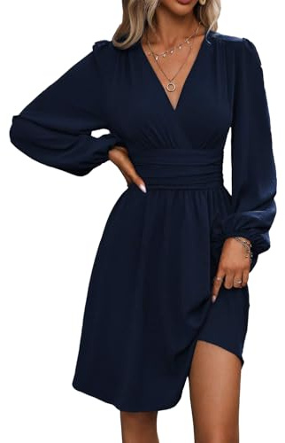UUAISSO Robe Décontractée Femmes à Manches Longues Taille Haute Ligne A Robe Portefeuille à Col en V Robe Mi Longue Bleu Marine S