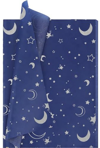Jwssor Star Moon Tissue Paper,20sheets Blue Silver 20x14inch Xmas Wrapping Paper,Silver Star Tissue Paper for Christmas Wedding Birthday DIY Crafts