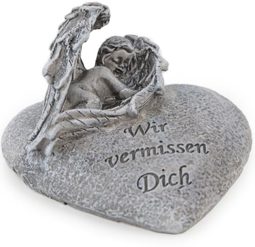 Logbuch-Verlag Grab Herz mit Engel und Inschrift Wir vermissen Dich Grabschmuck grau klein wetterfest 10 x 10 x 6,5 cm