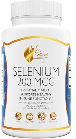 Selenio Coco March: Mineral esencial para la salud tiroidea - 200 mcg - Suministro para 3 meses - Sin gluten, soja, lácteos, OMG, vegano - 90 cápsulas