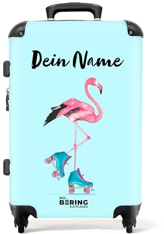 NoBoringSuitcases.com® Kinderkoffer Mädchen, 67 cm - 72 L - Reisekoffer Personalisiert - Hartschalenkoffer Blau Rosa - Koffer Flamingo - Koffer Mittelgroß mit Rollen - Rollkoffer mit Namen
