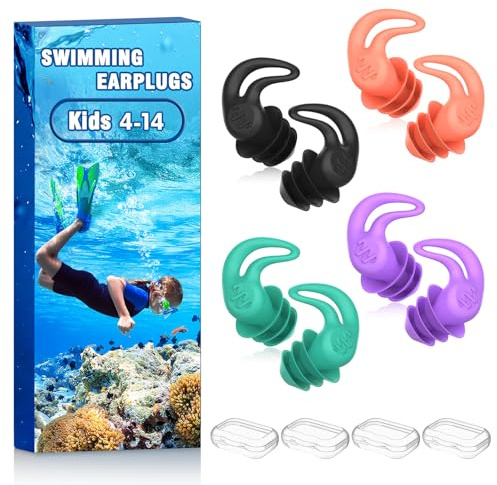 Swimming Ear Plugs for Kids - 4 Pairs Reusable Silicone Swim Earplugs,Waterproof Ear Protection for Children's Swimming,Surfing, Bathing & Water Sports.(4-14 Years Old)