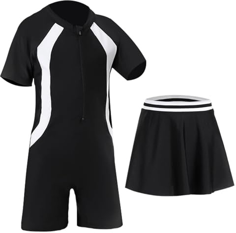 UoQo 2in1 Swimming Costume for Girls Short Sleeve One Piece Swim Suit with Skirt Quick Drying Kids Swimwear for Summer Swim Beach Water Sports (UK, Age, 12 Years, 14 Years, Regular, Black)