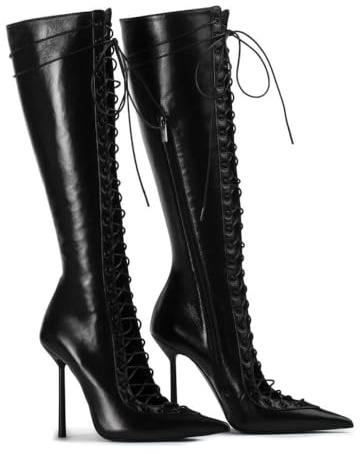 SYJYM - Stivali alti al ginocchio da donna, con lacci, tacco alto a stiletto, stivaletti lunghi a punta, in denim, polpaccio largo, sopra il ginocchio, Nero , 39 EU
