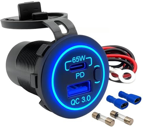 Offgridtec Dubbel 12 V/24 V USB-biladapter med USB-C 65 W och USB-A 18 W ON/OFF-omkopplare, skyddskåpa, PA66, kopparkropp, IP66, för bil, lastbil, off-grid-system | På/av-brytare, skyddskåpa, PA66 och kopparhölje, IP66, universell för bilar, lastbilar och off-grid-system
