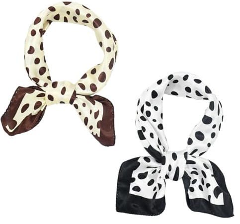 UEIOAVL Foulards femme, Lot de 2 petits foulards carrés en soie vintage 50 x 50 cm bandeau à pois décoration de sac cadeau pour femme (noir, marron)