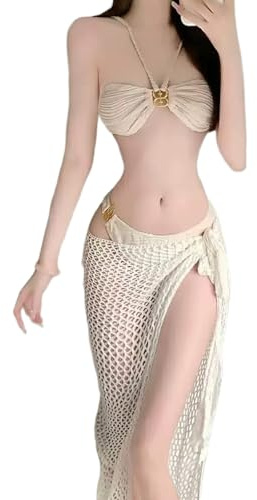 XAGMODSHN Costume da bagno da donna diviso con costume da bagno avvolgente senza schienale con gonna avvolgente da spiaggia costumi da bagno senza schienale per spiaggia Nylon Spandex Costumi da bagno