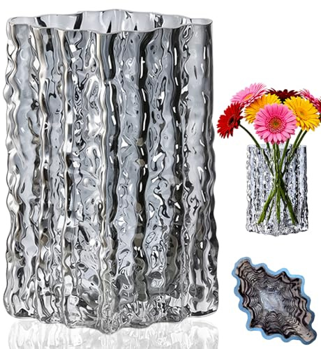 Gray Glass Vase for Flowers, Crystal Vase with Modern Glacier-Patterned | 22cm Tall Flower Vase, Decorative Vase for Living Room Bedroom Office, Glass Crystal Vase Gifts for Mom Friends Wedding Party