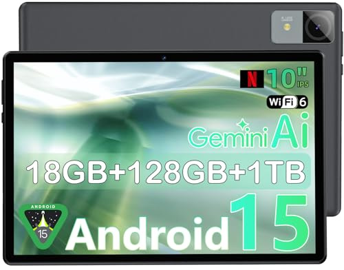 UBDXBD Tablet de 10 pulgadas, tablet Android 15, 18 GB de RAM (6+12) 128 GB ROM, T30 Octa-Core, 1 TB ampliable, WiFi 6, batería de 6000 mAh, pantalla IPS HD 1280 × 800, GPS, Widevine L1, tabletas