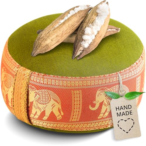 livasia cuscino da meditazione seta thailandese - Ø32x20cm - cuscino per yoga piccolo kapok, pouf, cuscino da pavimento yoga zen, cuscino giardino balcone, fatto a mano (Verde/Arancione/Elefanti Seta)