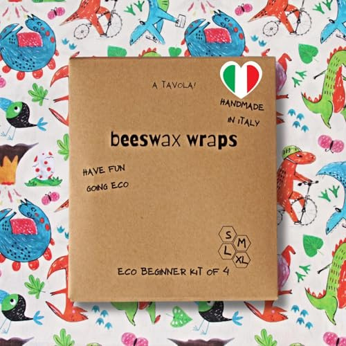 A tavola! involucri di cera d'api biologica, Beeswax wraps, pellicola naturale in cotone cerato per alimenti, fatto a mano in Italia con ingredienti tutti italiani (Jurassic zoo)