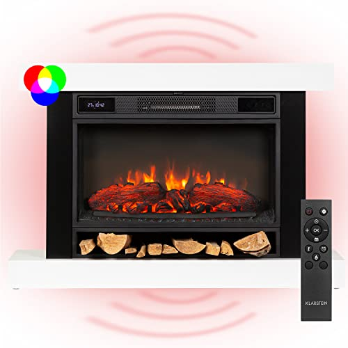 Klarstein Camino Elettrico Basso Consumo, con Mensola, da Parete, Caminetto Finto da Terra, 1900W, Decorativo con LED, Telecomando, Timer, Controllo Temperatura