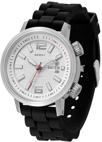 BERNY Montre de plongée mécanique Automatique pour Homme avec Bracelet en Silicone - Étanche - 20 ATM - Verre Saphir résistant aux Rayures - Super Lumineuse