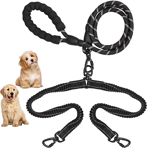 LoQuick Hundeleine Doppelleine für 2 Hunde, Trainingsleine Hund Verstellbar Hundeleine, Elastisch Reflektierende Nylon Hundeleine, 360° Verhedderungsfrei, zum Gehen Joggen füR GroßE Hunde Schwarz