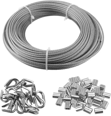 HEIHAK 40m Wire Rope Kit, 3mm Coated Stainless Steel Cable Rope with 50 Pcs Crimping Sleeves and 20 Pcs Thimbles for Garden, Balustrade, Fence, Cable Railing