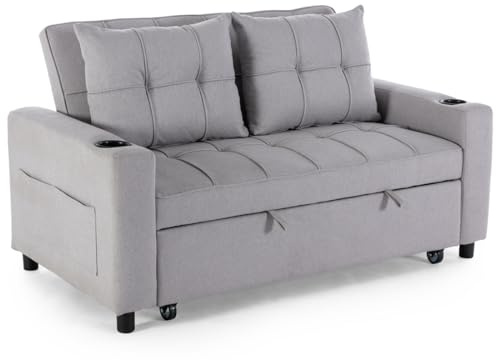 More4Homes HUDSON 2-SEATER SOFA BED LINEN FABRIC WITH CUP HOLDERS LIGHT GREY