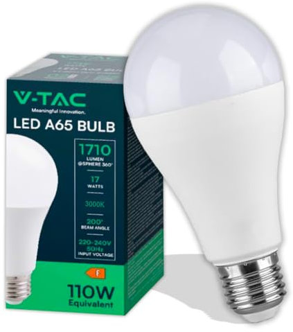 V-TAC Lampadina LED A65 con Attacco E27 potenza 17W (Equivalenti a 110W) - Lampadine Nuova Generazione - 1710 Lumen - Massima Efficienza e Risparmio Energetico - 3000K Luce Calda