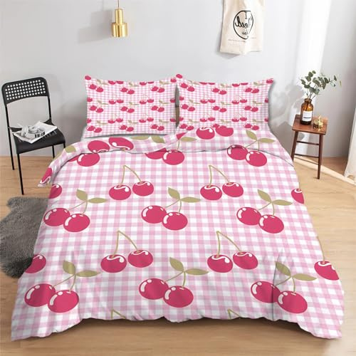 Funda Nordica Cama 90 Cereza Ropa de Cama 3 Piezas - Funda Edredon Cerezas Dulces Verano 135x200 de Microfibra Suave con 2 Fundas de Almohada 50x75 cm, con Cremallera L-140
