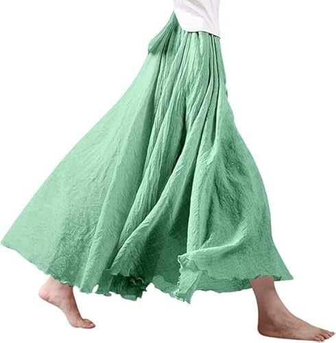 Gonna da donna in lino, maxi gonna in cotone e lino, gonna estiva boho, tinta unita, per il tempo libero, gonna a pieghe, verde, Taglia unica