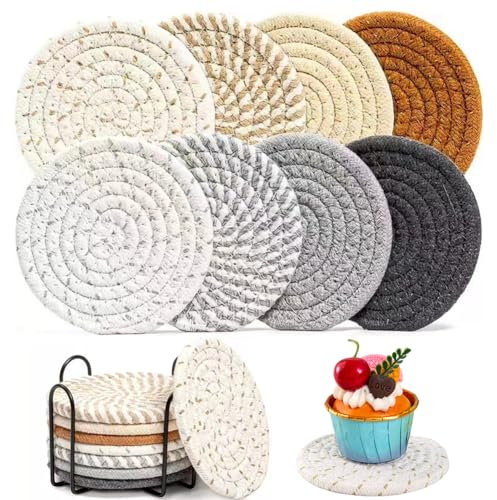 SYTTNUM Posavasos Tejidos Redondos,Posavasos con Soporte,Almohadilla de Comedor Cazuela Almohadilla de Cocina Engrosada Almohadilla de Aislamiento Térmico Hechos de Cuerda de Algodón