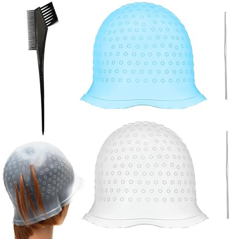 YIZWINS 2 Pezzi Cuffia per Meches, 2 Cappucci In Silicone Per Tinture Per Capelli con 2 Gancio Aghi e Pennello per Tinta Capelli, Cuffia Meches, Meches Capelli Fai Da Te per Colorare I Capelli