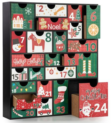 LARAINE Advent Calendar 2025 Christmas 15 Inch Wooden with Drawers, Christmas Holiday illustration Wood Advent Calendar for Kids Adults, Xmas Decorative 24 Empty Boxes to Fill
