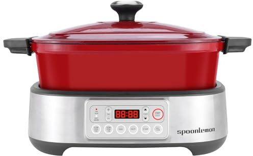 spoonlemon - Horno eléctrico holandés multicocina, olla de hierro fundido esmaltado de 5.8 cuartos – 1250 W de calentamiento rápido, 6 funciones preestablecidas, pantalla digital y mantiene el calor