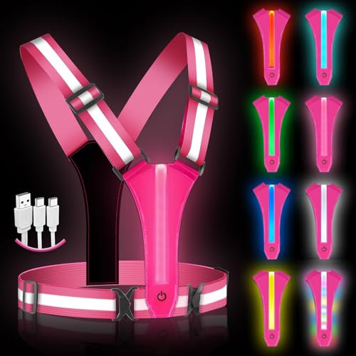 Ainiv LED Warnweste Fahrrad Reflektorweste, Laufweste Reflektorweste Warnweste Wiederaufladbare USB Lauflampe, Einstellbare Reflektorweste Leuchtweste Lauflicht für Joggen Wandern oder Radfahren-Rosa