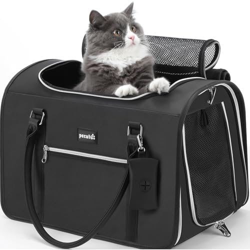 pecute Katzen Transportboxen Katzentransportbox, Atmungsaktive Hundetasche Katzen Tasche, PU Leicht Haustier Tragetasche, Katzentransporttasche Für Reisen Hundetragetasche Für Katzen Welpen,Schwarz