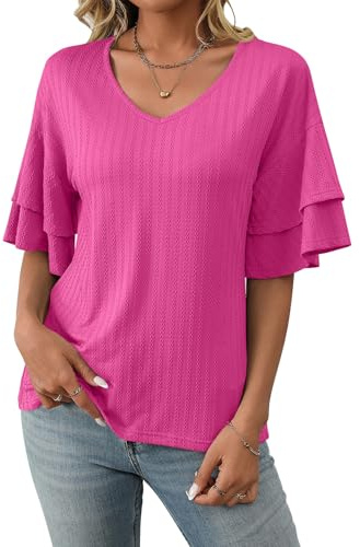 ASKSA Dam V-ringad T-shirt blusar och blusar kortärmad volangblus sommar topp dam chic och elegant, Rosenröd, L