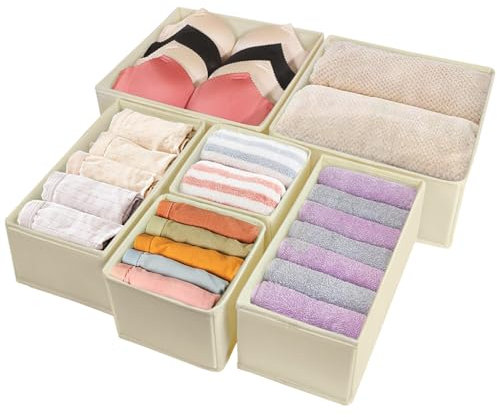 ZGTS 6 Pack Foldable Fabric Drawer Organizers Wardrobe Storage Dividers for Clothes Underwear Socks Bras Ties Scarves Baby Clothing Closet Storage Organizer for Bedroom Office Dresser (Beige)
