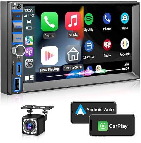 Upgrade Autoradio Bluetooth 2 DIN avec Carplay et Android Auto - 7 Pouces HD Ecran Tactile Poste Radio Voiture Soutien Lien Miroir iOS/Android/Radio AM FM/USB/EQ – Autoradio avec Caméra de Recul