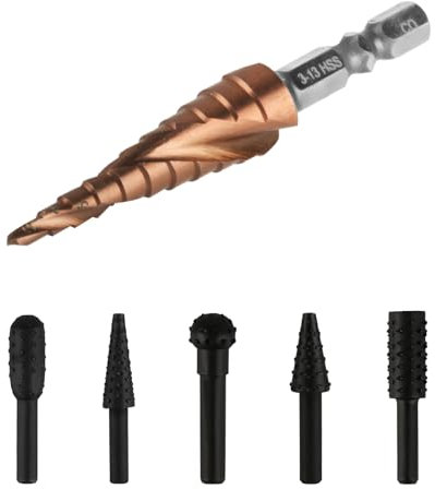 M35 Cobalt HSS Step Drill Bit-3-13mm, 11-Step,With 5 rotating burr set, for Stainless Steel Wood Plastic & Twist Drills Bit Wood, Copper & Aluminum, 1/4 Hex Shank,Carving Tool for Polishing Engraving