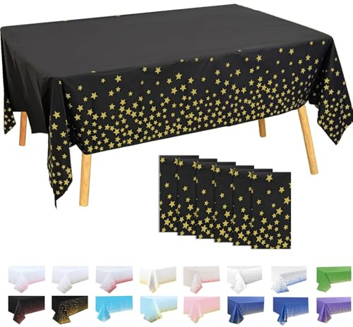 Lot de 6 Nappes Plastiques à Pois Fond Noir avec étoiles Dorées 137x274 cm – Nappe Rectangulaire Réutilisable pour Fête Anniversaire, Décoration Table Événement Sportif, Imperméable Anti-taches