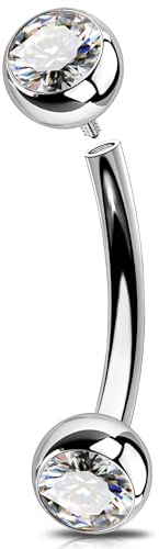 OUFER 14G Piercing Nombril Filetage Interne Titane G23 Long Anneau de Nombril Cerceau Zircone Cubique Argent Court Ventre Barbell pour Femme 12 mm