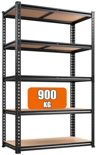 REIBII 5-Tire Metal Garage Shelving Units, 90WX40.4DX183.5Hcm - 900KG Load Heavy Duty Shelving Units, 180kg Load Per Shelf, Metal Shelving with MDF Board, Easy To Assemble, Warehouse, Office, Black