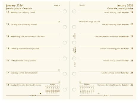 Filofax Calendar Diary Refill, Pocket Size, Week on One Page, Cotton Cream Paper, Unruled, Multilingual: Four Languages, 2026 (C68239-26)