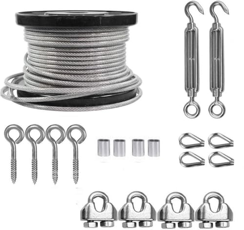 NEWFUN Cable de acero de 5 mm, Juego de Tensores de Cable M6 de acero Inoxidable, Cable de Acero Recubierto de PVC para Tendederos, Alambre de Jardín, Colgar Cuadros.