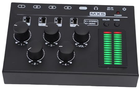 Hamwesh Ljudmixer, 4-kanals Stereomonokontrollljudkort, Mixerkonsol med LED-skärm och USB-ström för Gitarrer Keyboards Basmikrofoninspelning