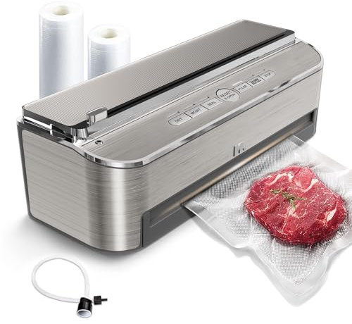 Mesliese 85kPa 120W Envasadora al Vacio, Sellador Automático de Alimentos, Cortador Incorporado | Almacenamiento de Bolsas | Modo Húmedo | 2 Rollos de Bolsas (Acero inoxidable)