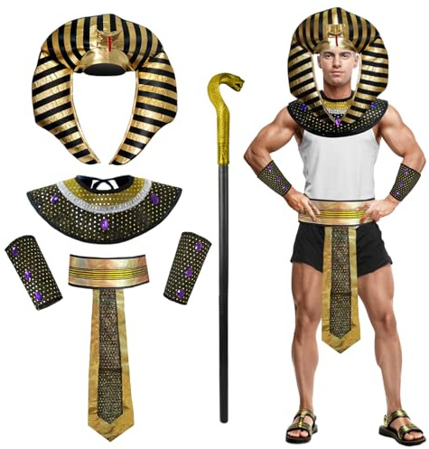 PANMAY Men Egyptian Costume Pharaoh Fancy Dress Pharaoh's Hat Arm Necklace Scepter Belt Halloween Ancient Egypt King Outfit