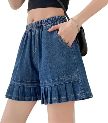Lösa Jeansshorts för Kvinnor Sommar Elastic Midja Vidbyx Korta Denimshorts, Djupblått, L