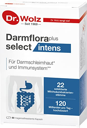 Dr. Wolz Darmflora plus select intens - 80 Kapseln hochdosiert - 22 Milchsäurebakterien-Stämme - 120 Milliarden Bakterienkulturen pro Tag - Für Darmschleimhaut & Immunsystem* - Darm-Kur
