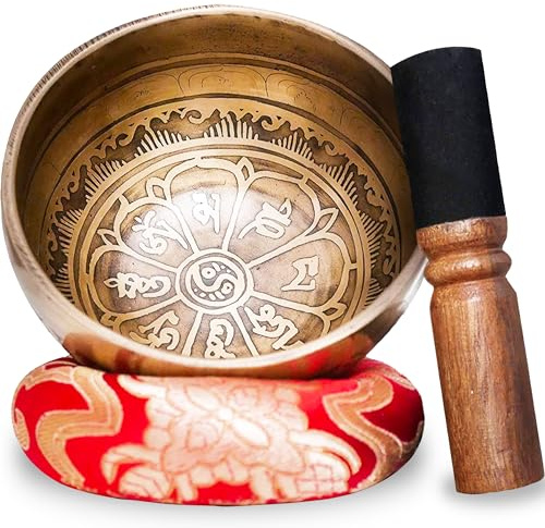 Tibetanisches Klangschalen-Set Handgegossen aus 7 Metallen - Buddhistische Klangschalen Handgefertigt in Nepal + Himalaya-Kissen + Holzklöppel + Loktakarton - Meditation - Heilung