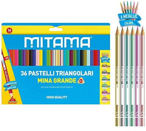 Pastelli Colorati MITAMA - Triangolari con Mina 3,3-30 Colori Brillanti - 6 Pastelli Colori Metallizzati - Facili da Temperare - con Spazio per il Nome