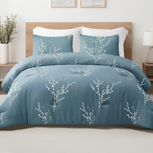 Exclusivo Mezcla Coverless Duvet Set with 2 Pillowcases, 7.5 Tog King Size Reversible Duvet All Seasons with Flower Pattern, Lightweight and Warm, Blue