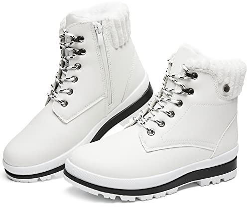 BABUDOG Womens Waterproof Ankle Boots for Outdoor (Non Slip Outsole),Fashion Combat Boots with Side Zipper,Warm Fur Lined Winter Snow Boots(White.US9)