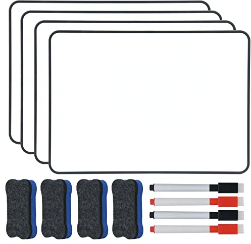 Hiziwimi 4Pcs 30X21cm Weiße Tafel Trocken Abwischbares Mini Whiteboards, A4 Doppelseitige weiße Tafel mit schwarzem Rahmen mit 4Pcs Marker und 4Pcs Board Radierer, Whiteboard für Schule, Büro, Haus